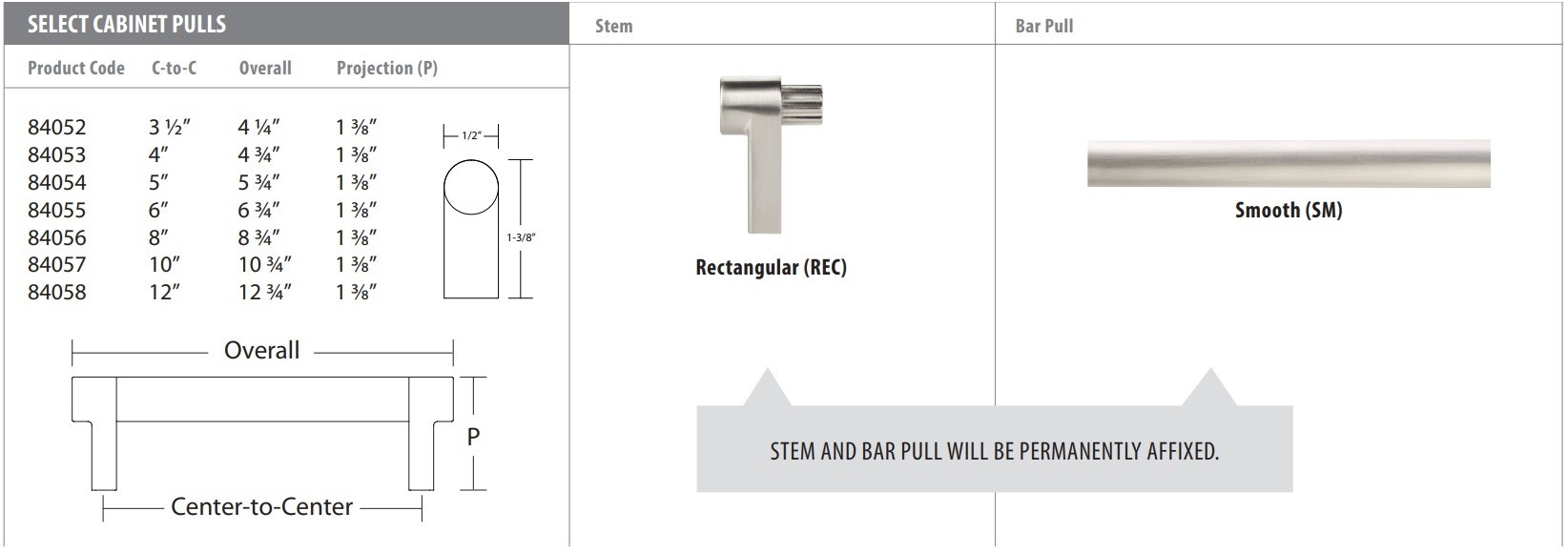 Emtek SELECT Cabinet Pull with Smooth Bar Product Specs