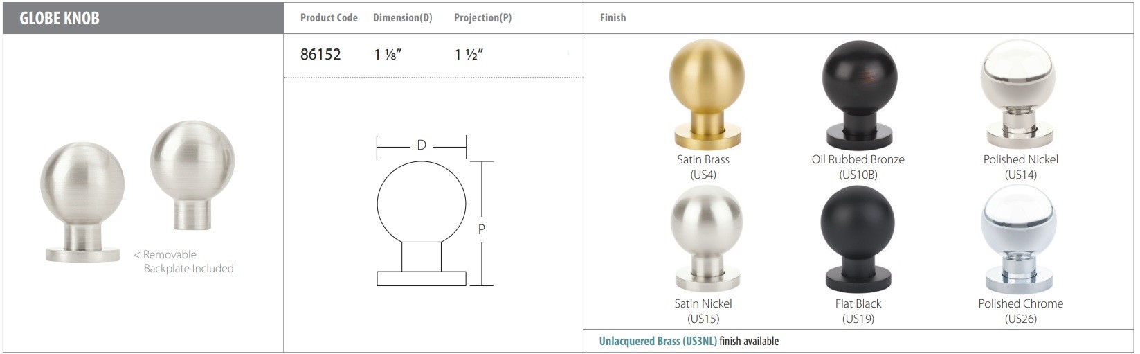 Emtek 86152 Globe Knob Product Specs