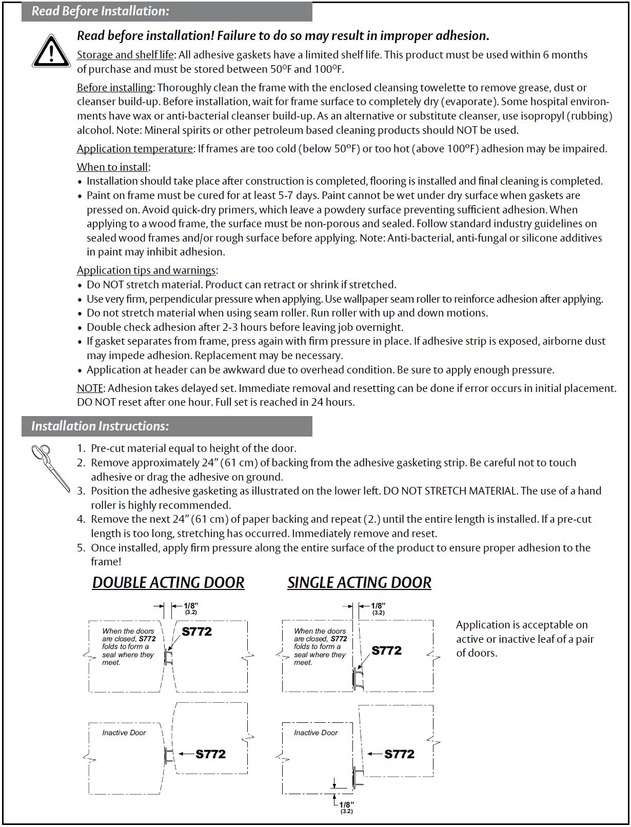 Installation Guide for Pemko Self-Adhesive Silicone Weatherstrip, PS772