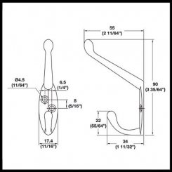 Hafele Coat Hook, 11/16" x 2-3/16" x 3-9/16"