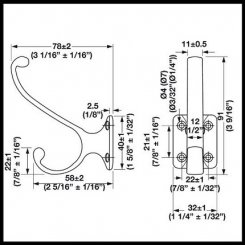 Hafele Hat & Coat Double Hook, 1-1/4" x 3-1/16" x 3-9/16"