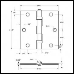 Deltana, 2 Ball Bearings, Steel, Residential Grade, 5 Knuckle, Full Mortise Hinge, 3.5" x 3.5"