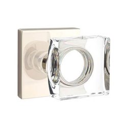 Emtek Modern Square Glass Door Knob, Modern Glass Knobset, Passage, Modern Rosette, Satin Brass (US4) Finish