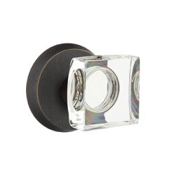 Emtek Modern Square Glass Knob, Sandcast Bronze Door Knob, Passage, #1 Rosette, Flat Black Bronze (FB)