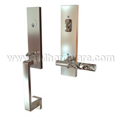 EMTEK Davos Entry Lock with L-Square Hammered Lever, Satin Nickel US15 Finish