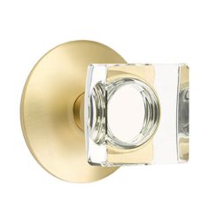 Emtek Modern Square Glass Door Knob, Modern Glass Knobset, Passage, Modern Rosette, Satin Brass (US4) Finish