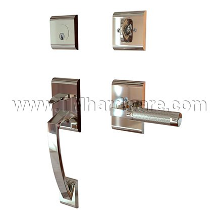 EMTEK Ares Entry Lock with L-Square Knurled Lever, Polished Nickel US14 Finish